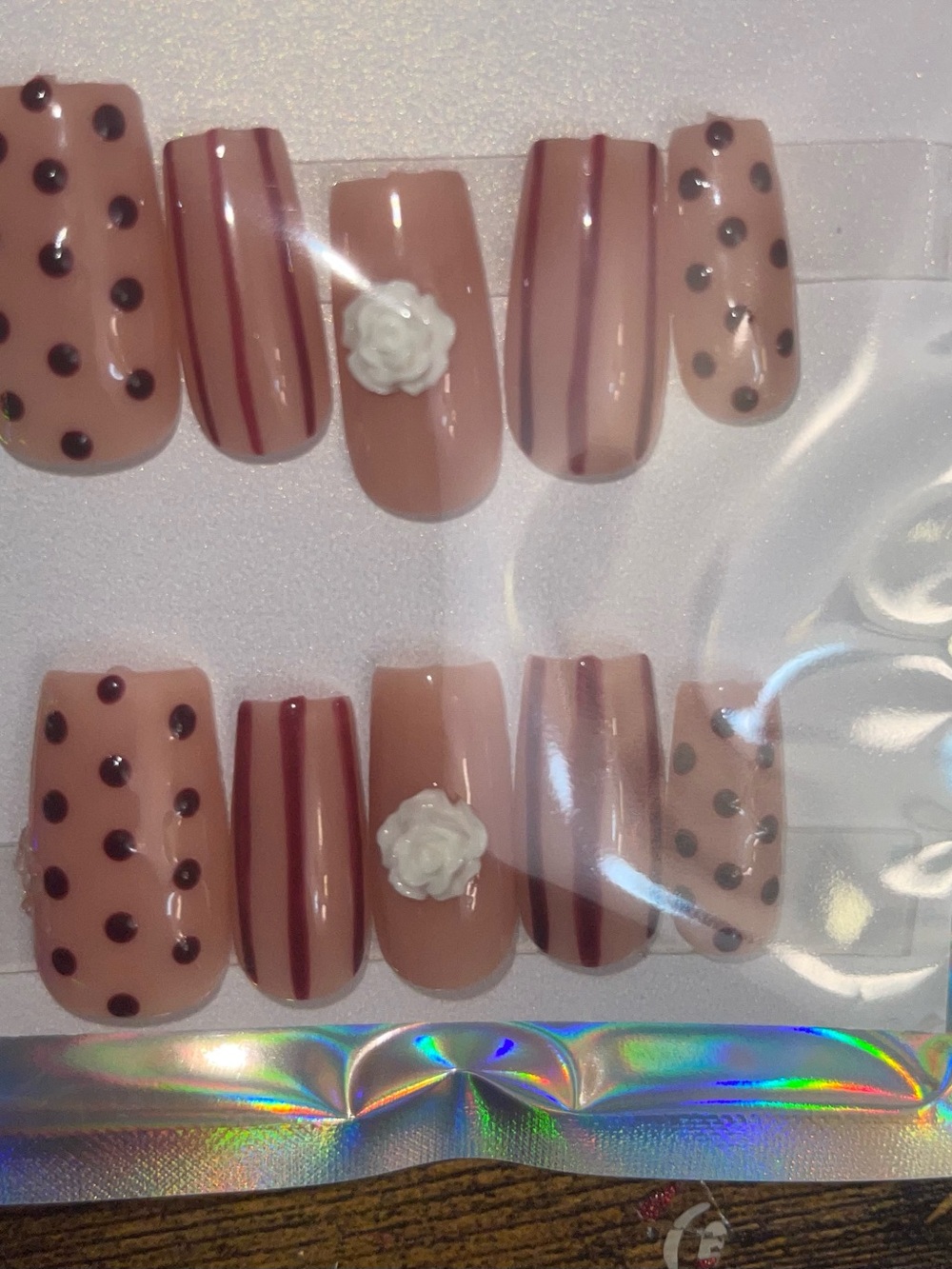 Nude Pink Polka Dot & Stripe Press-On Nails with 3D Floral Accent